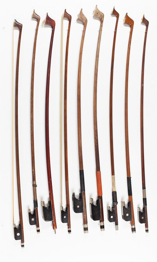 Five cello bows and four bass bows