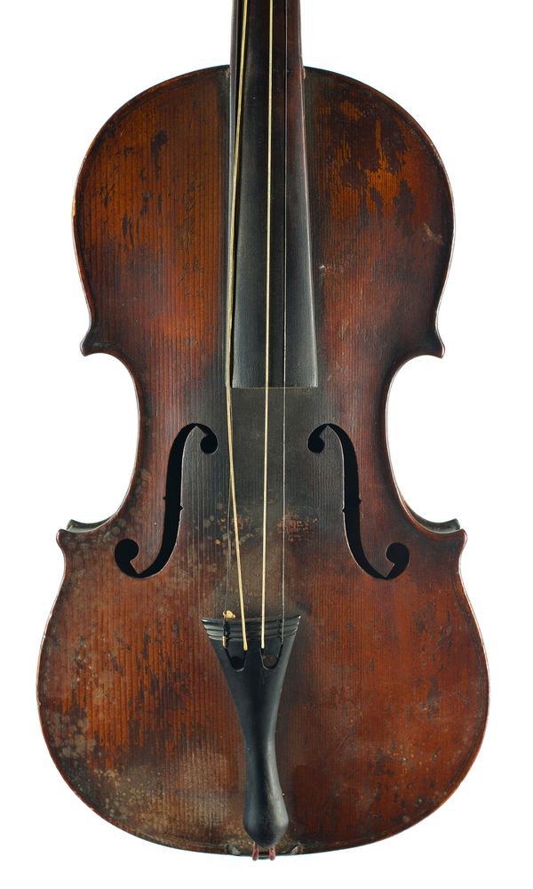 A violin, labelled Copie de Antonius Stradivarius