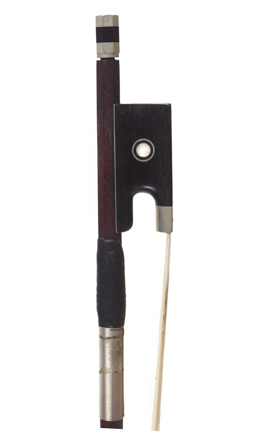 A nickel-mounted violin bow, branded Roderich Paesold