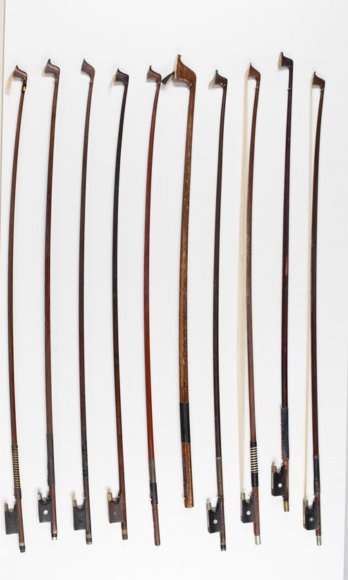 Eleven violin bows, four child's violin bows, one violin bow stick, one cello bow and one bass bow, various sizes