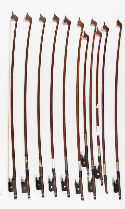 Eight cello bows, one cello bow stick and two child's cello bows