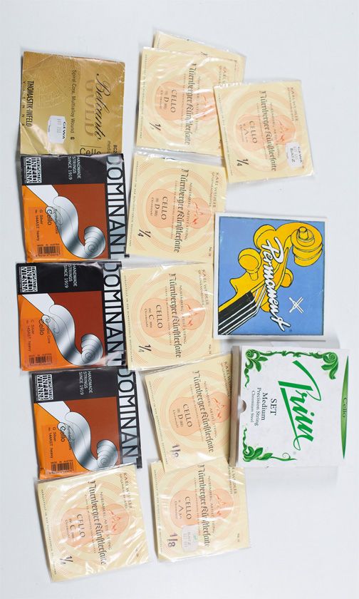 A large quantity of various cello strings, various sizes