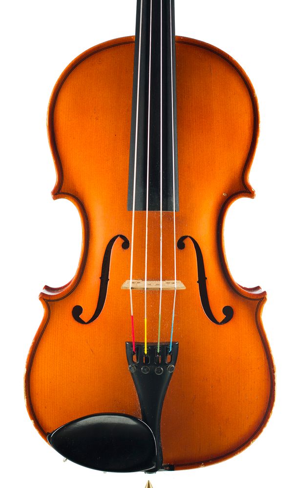 A viola, labelled Made in the Workshops of Andreas Zeller