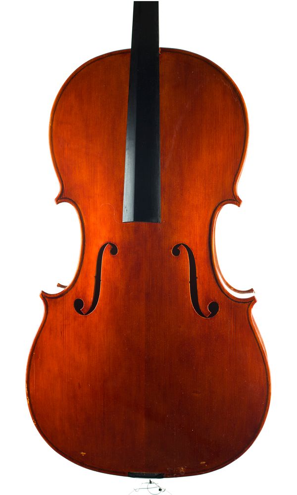 A cello, labelled Margaret E. Brindley