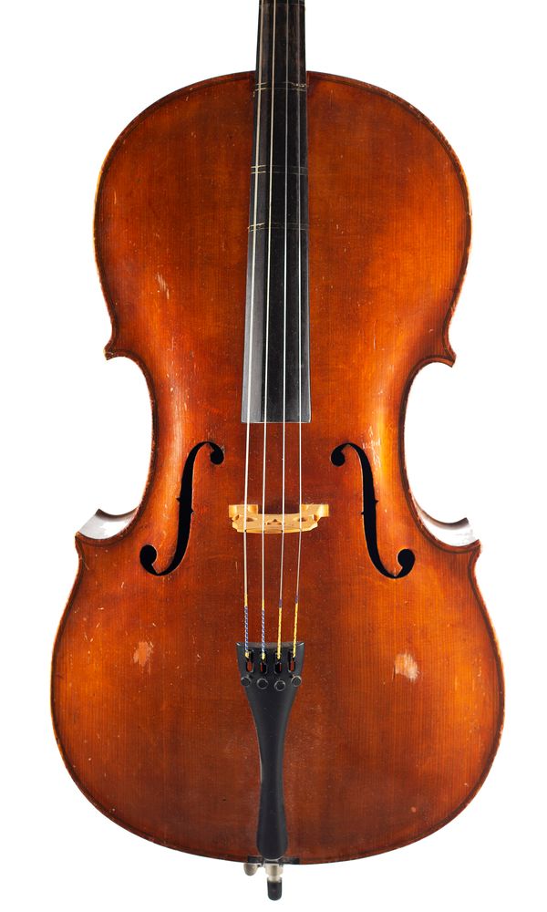 A cello, labelled Supplied by W. Thompson