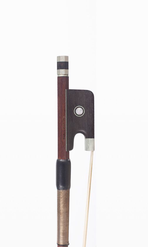 A nickel-mounted cello bow, branded Marco Raposo