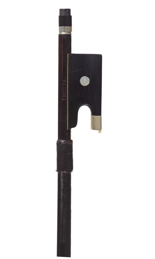 A nickel-mounted violin bow, branded Tourte