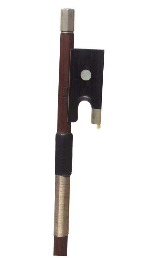 A nickel-mounted violin bow, stamped Artist