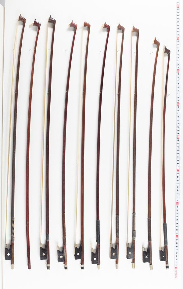 Eleven violin bows, varying lengths