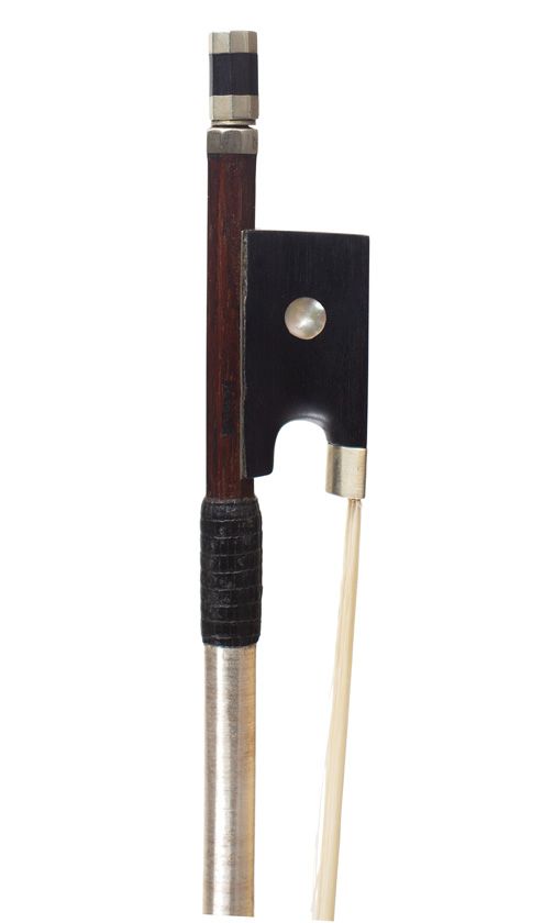 A nickel-mounted violin bow, the stick possibly Nicolas Maline, France