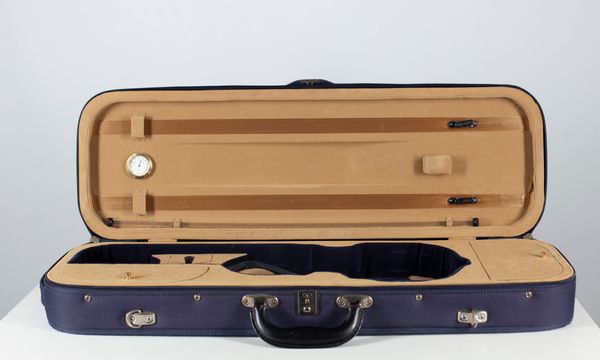 A pair of blue rectangular violin cases, one branded Super Light Sonata Case