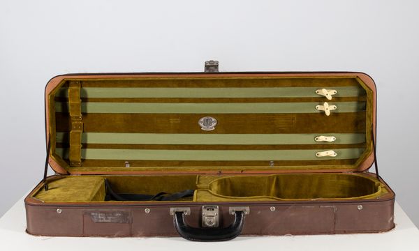 A rectangular violin case branded W. E. Hill & Sons