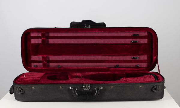 A pair of black rectangular violin cases, both branded Hidersine