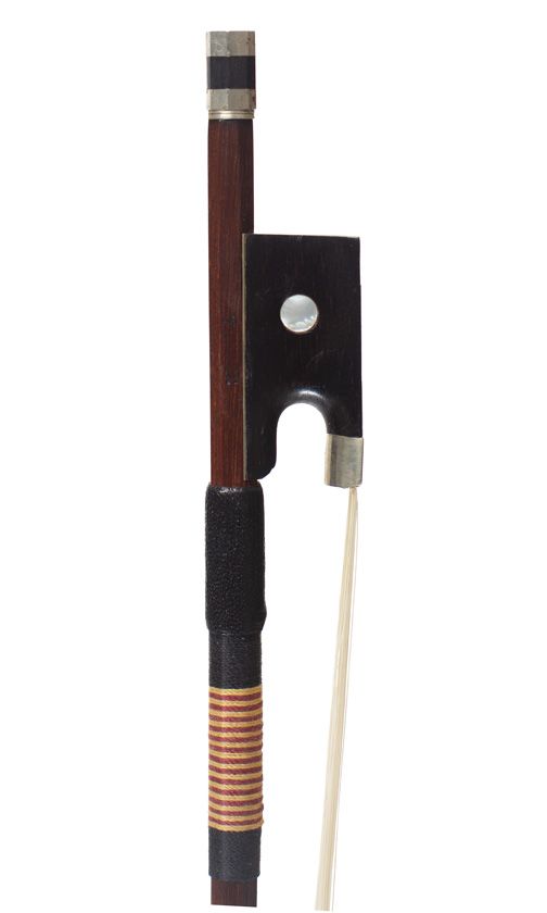 A nickel-mounted violin bow, branded Tourte