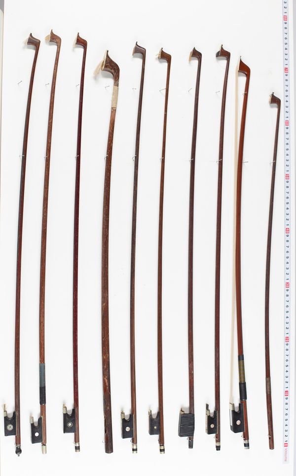 Fifteen violin bows, one cello bow, one bass bow and one bow stick, varying lengths