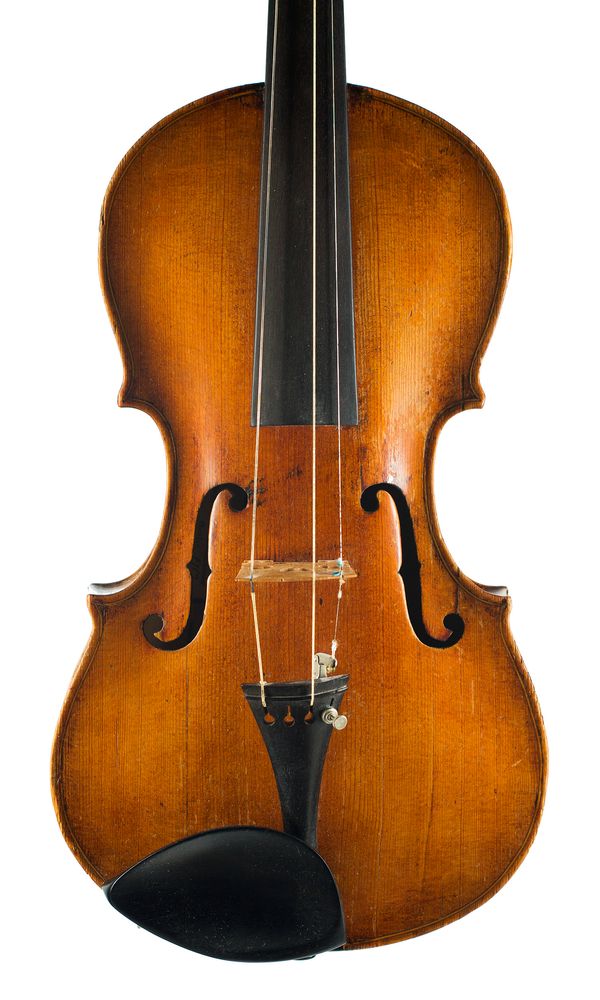 A violin, labelled Rapariert von Julius Rudolph