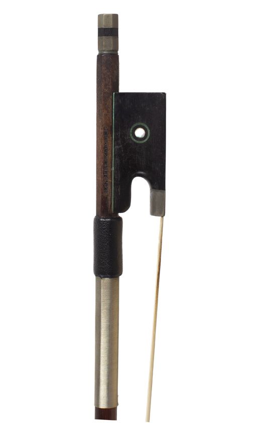 A nickel-mounted violin bow branded F. C. Pfretzschner