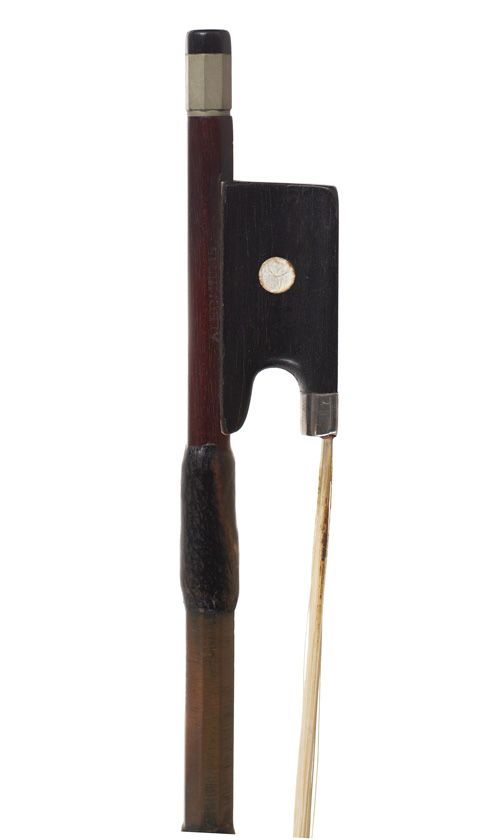 A silver-mounted violin bow, branded Albin Hums