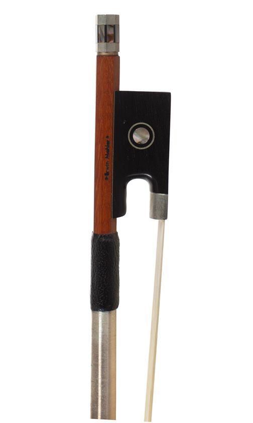 A nickel-mounted violin bow, branded Erwin Mahler