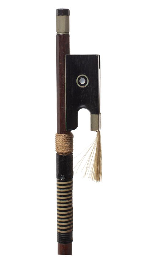 A nickel-mounted violin bow, branded Emile Dupree