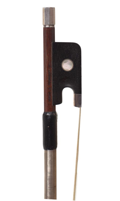 A white-metal cello bow, branded David A Tempest