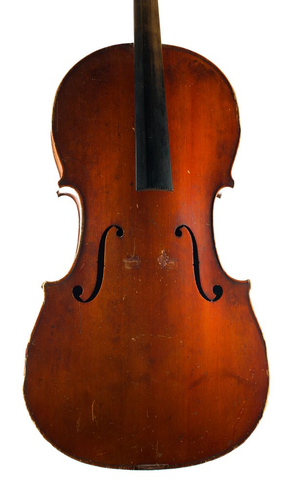 A small cello, labelled Copie de Antonius Stradivarius