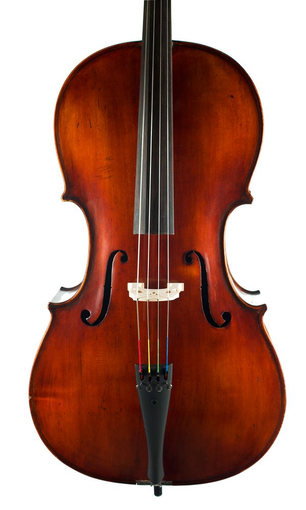 A cello, labelled Agostino Rampone Milan