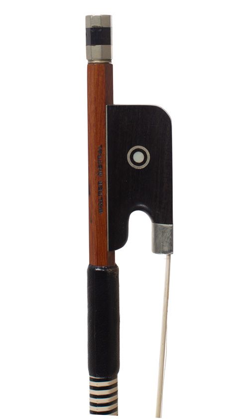 A nickel-mounted cello bow by Walter Mettal
