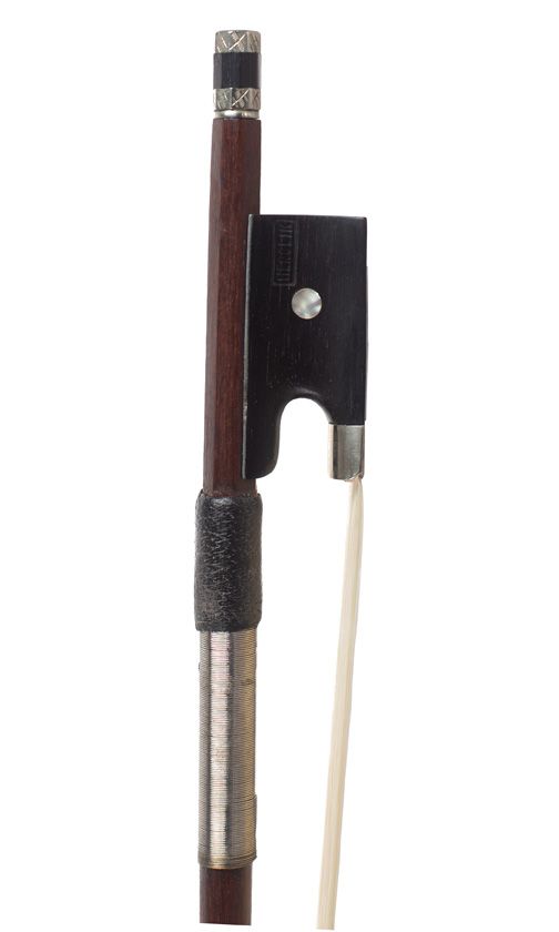 A nickel-mounted violin bow, branded Herclik