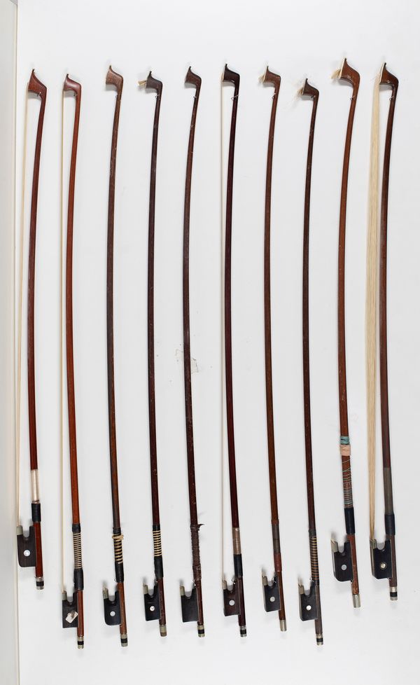 Seven violin bows and three cello bows, varying lengths