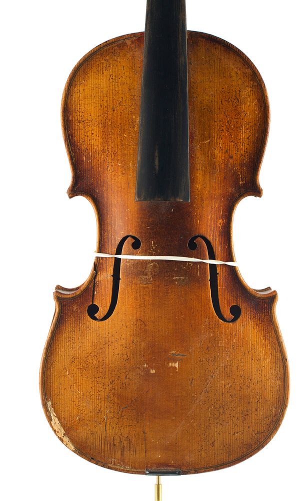 A three-quarter sized violin, labelled Julius A. Hubīčka