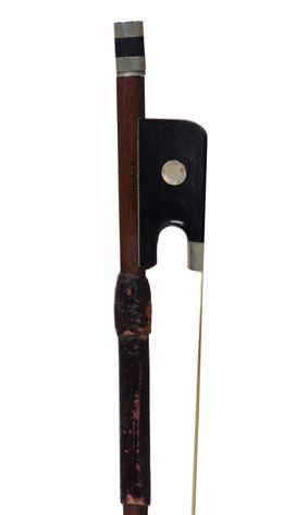 A nickel-mounted cello bow, stamped Tourte