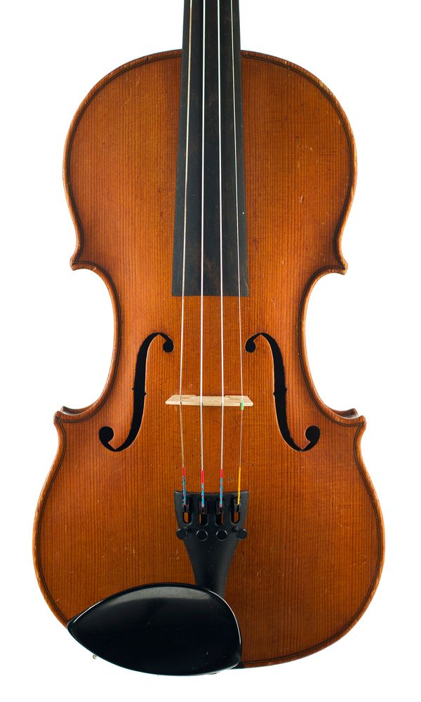 A violin, labelled Modele Joseph Bassiot, Luthier