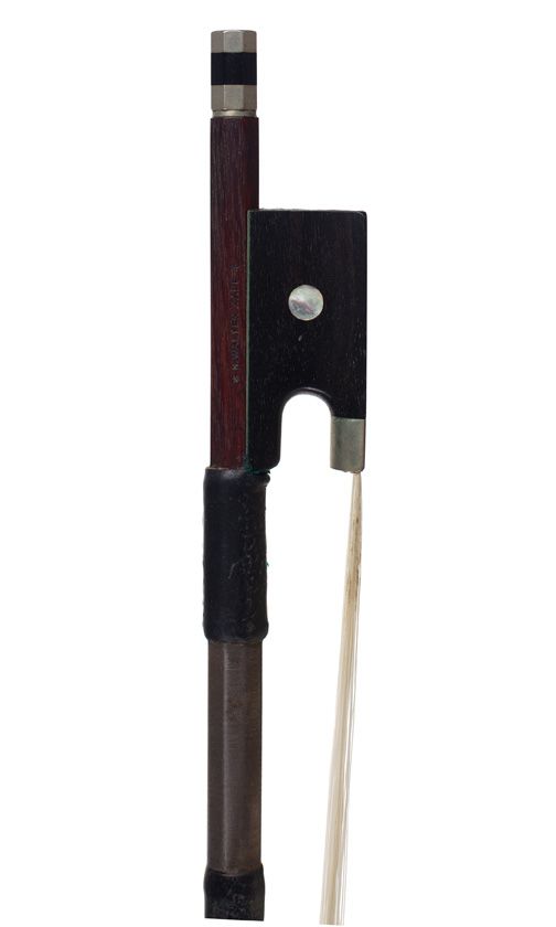 A nickel-mounted violin bow, stamped Walter Zapf