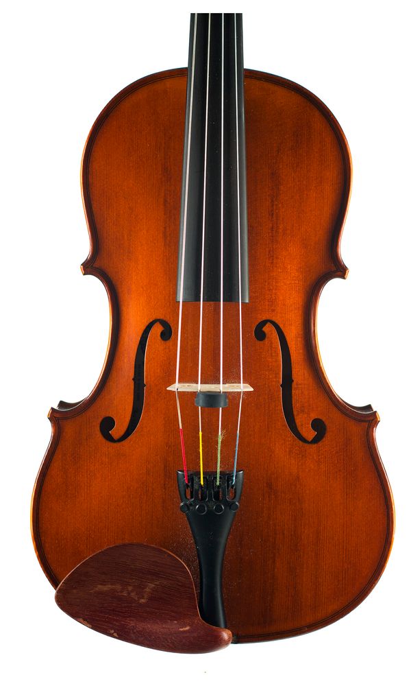 A three-quarter sized viola, labelled The Henneman-Tertis Viola