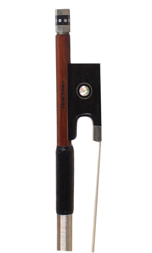 A nickel-mounted violin bow, stamped Erwin Mahler