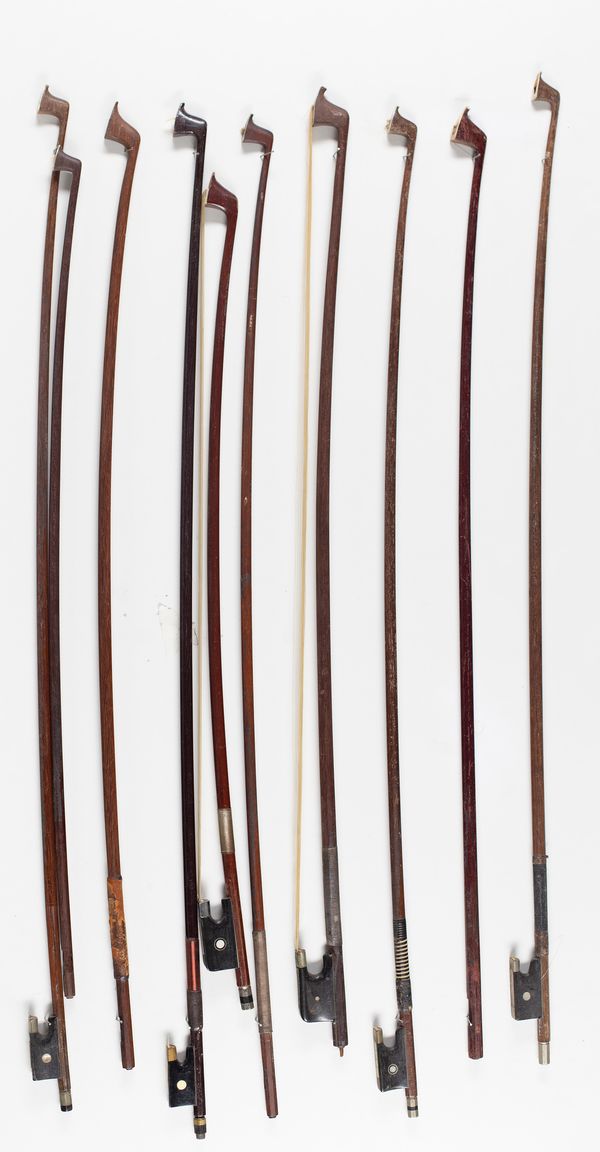 Four violin bows, two cello bows and four bow sticks, varying lengths