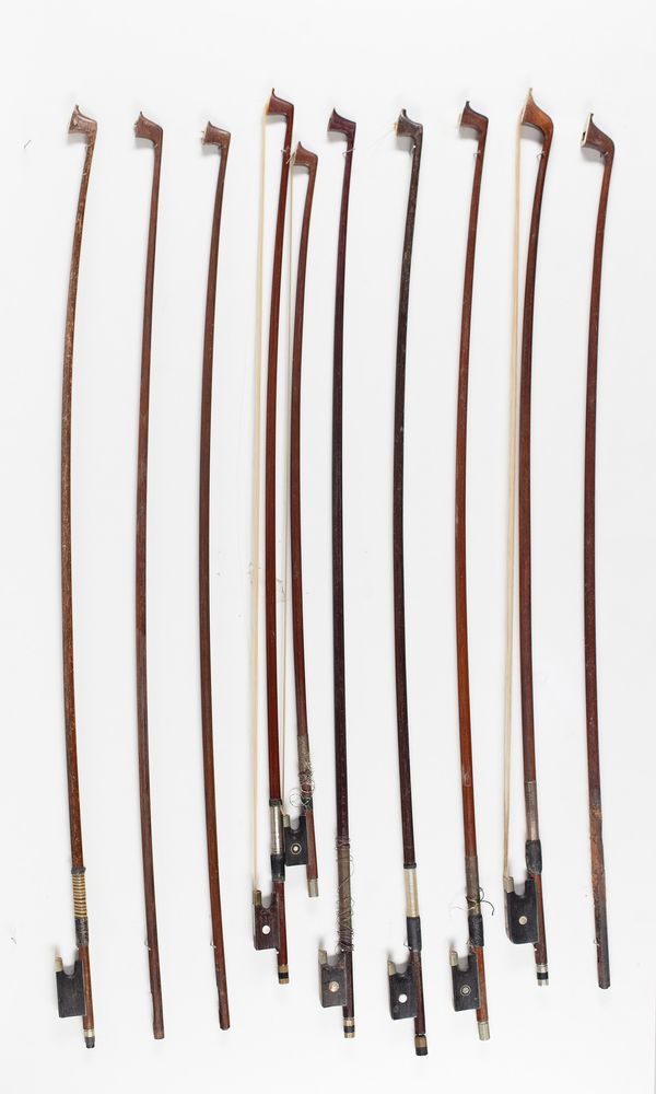 Six violin bows, one cello bow and three bow sticks, varying lengths