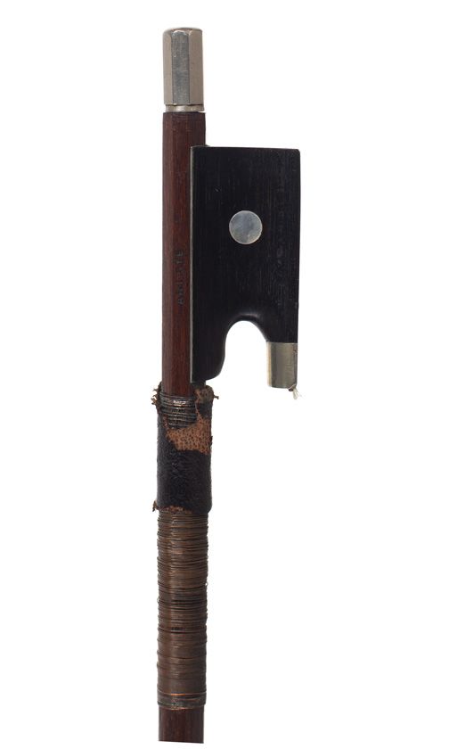 A nickel-mounted violin bow, stamped Artiste