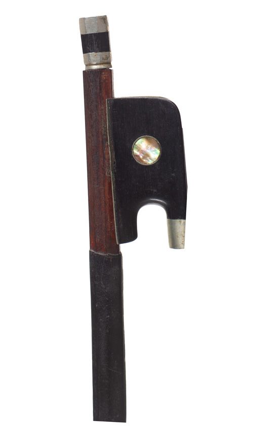 A nickel-mounted cello bow, branded L. Bausch