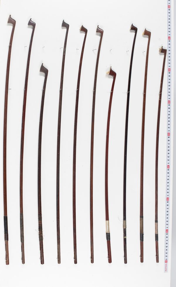 Fifteen violin sticks and two cello sticks, varying lengths