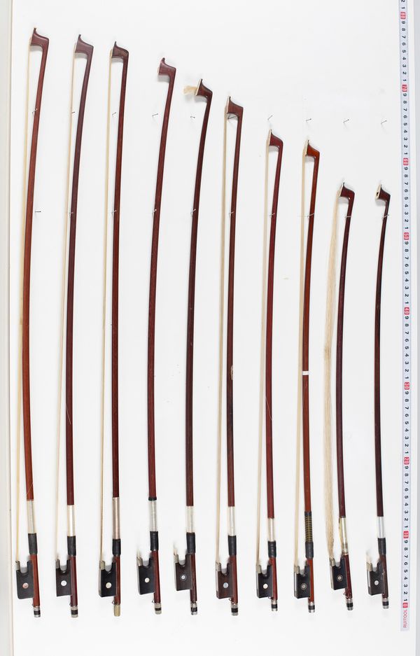 Twenty violin bows, varying lengths