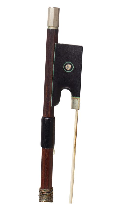 A nickel-mounted violin bow, stamped Otto Durrschmidt