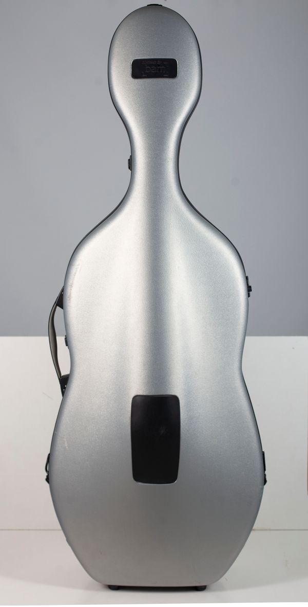 A hard cello case branded Bam