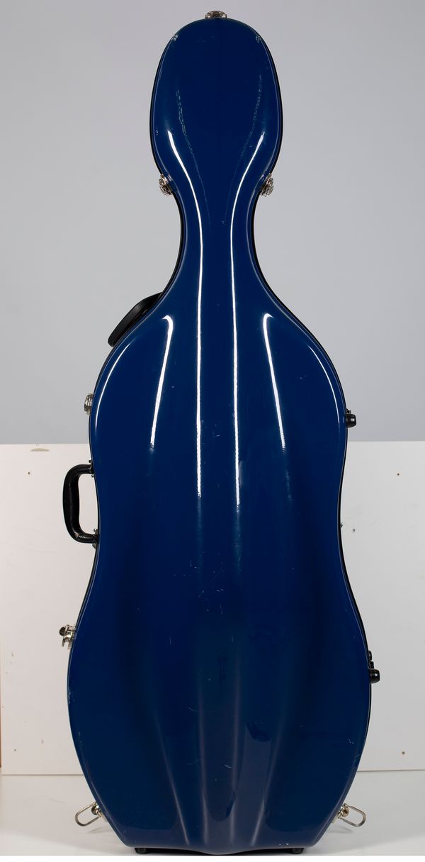 A cello case, blue
