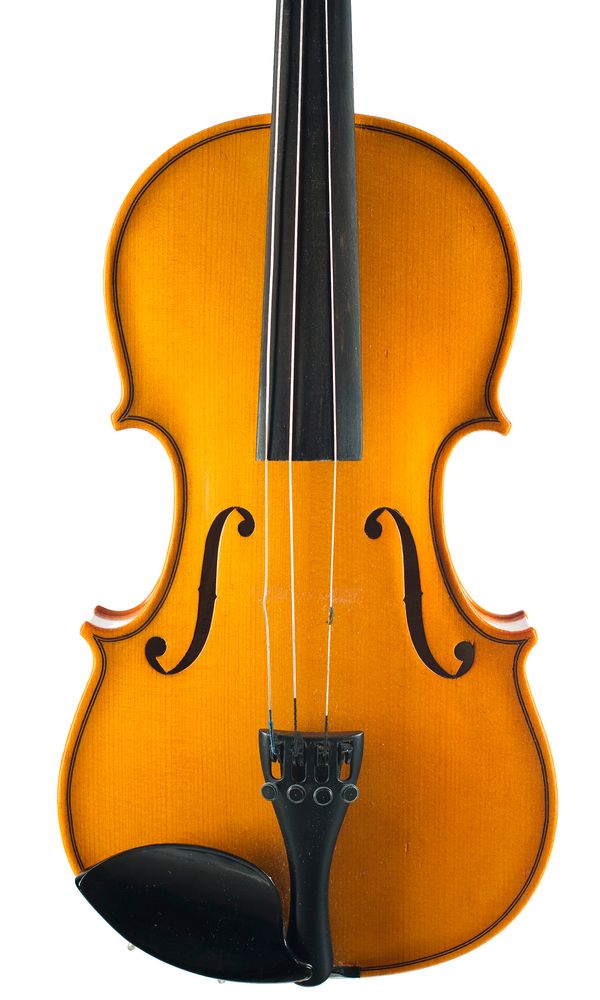 A three-quarter sized violin, labelled Make in the Workshops of Andreas Zeller