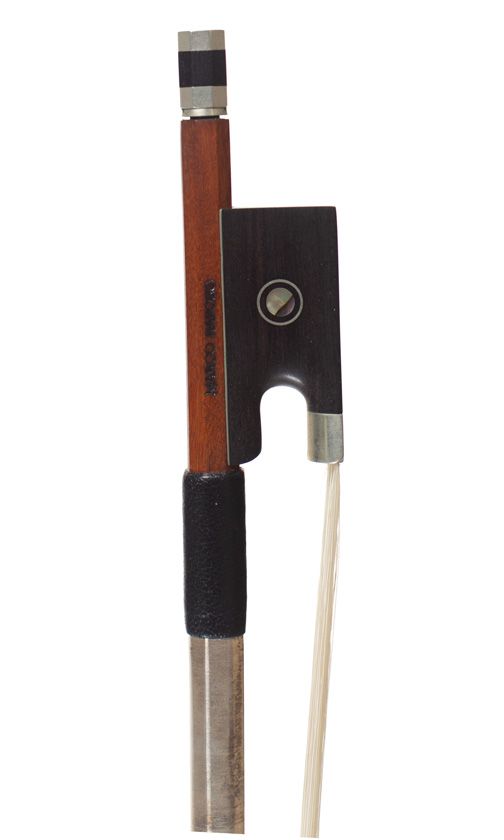 A nickel-mounted violin bow, branded Marco Raposo