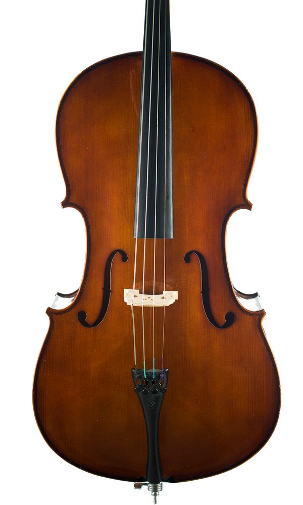 A half-sized cello, labelled The Stentor Student I