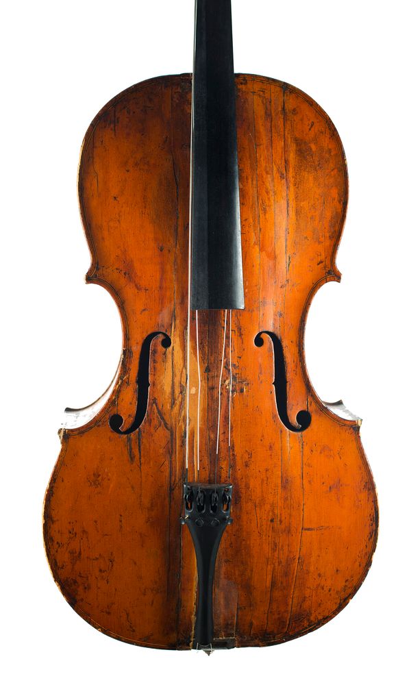 A cello, labelled Made by Peter Wamsley, London