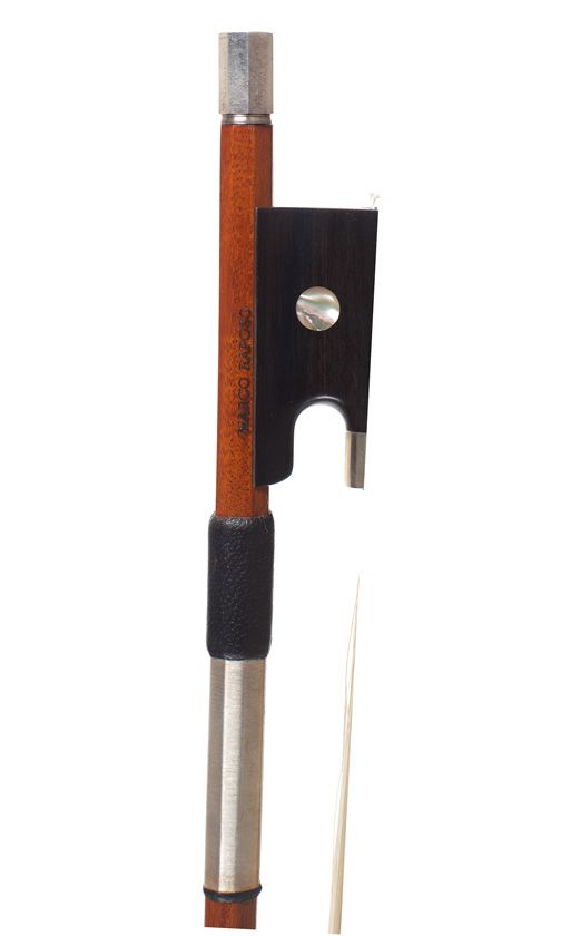 A nickel-mounted violin bow, branded Marco Raposo